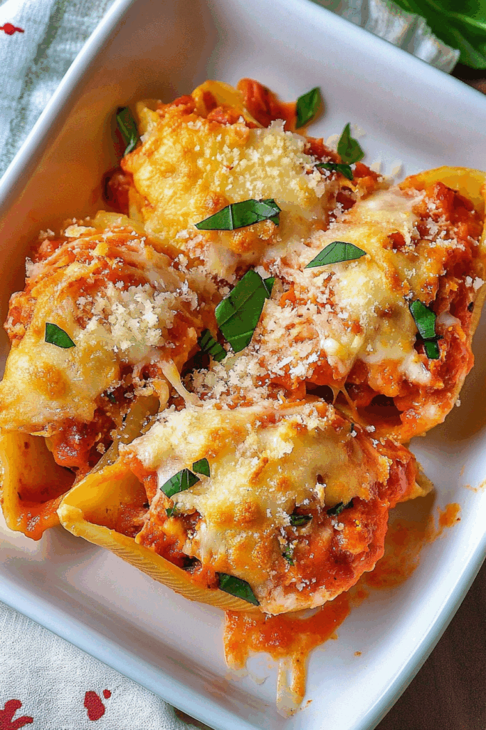 Chicken Parm stuffed shells in a baking dish with browned cheese on top.