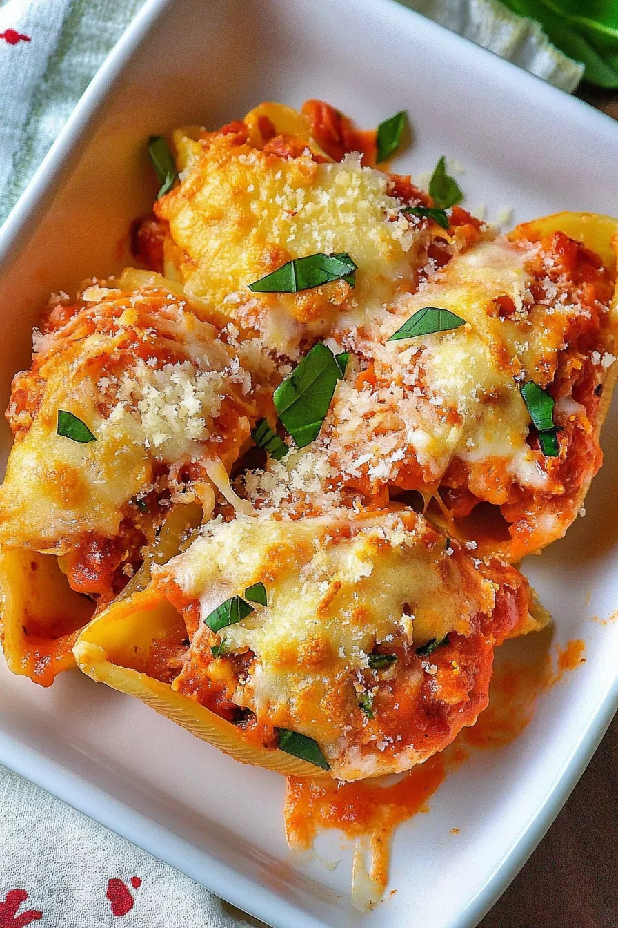 Chicken Parm stuffed shells in a baking dish with browned cheese on top.