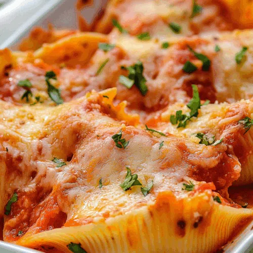 Oven-baked shells resting in a red sauce, garnished with grated Parmesan.
