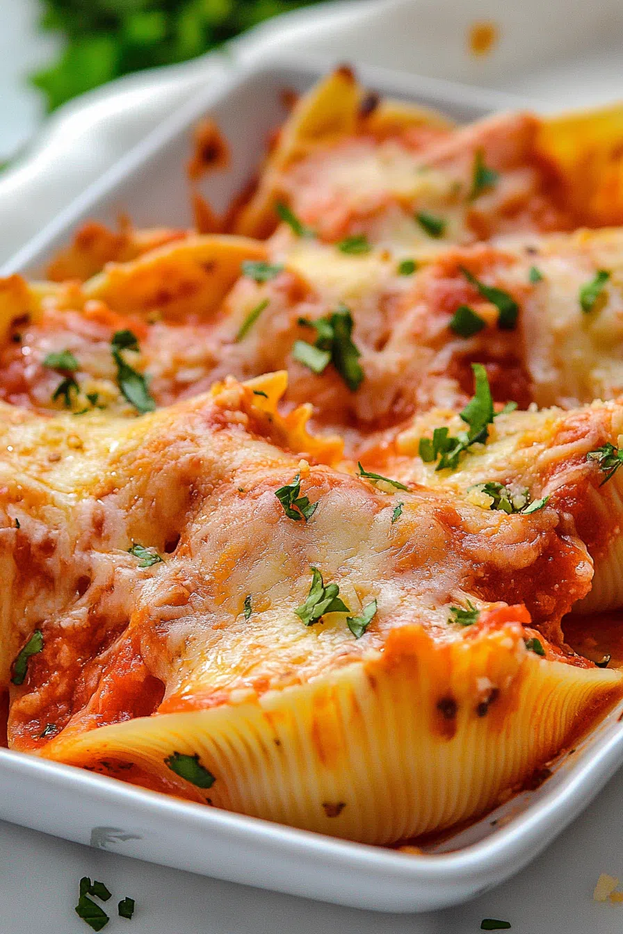 Oven-baked shells resting in a red sauce, garnished with grated Parmesan.
