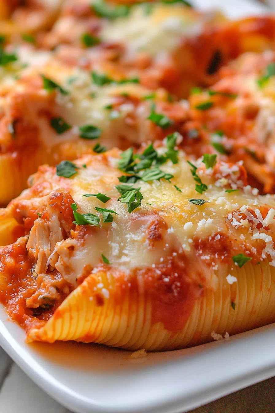 Close-up of stuffed pasta with golden, bubbly cheese and crispy edges.