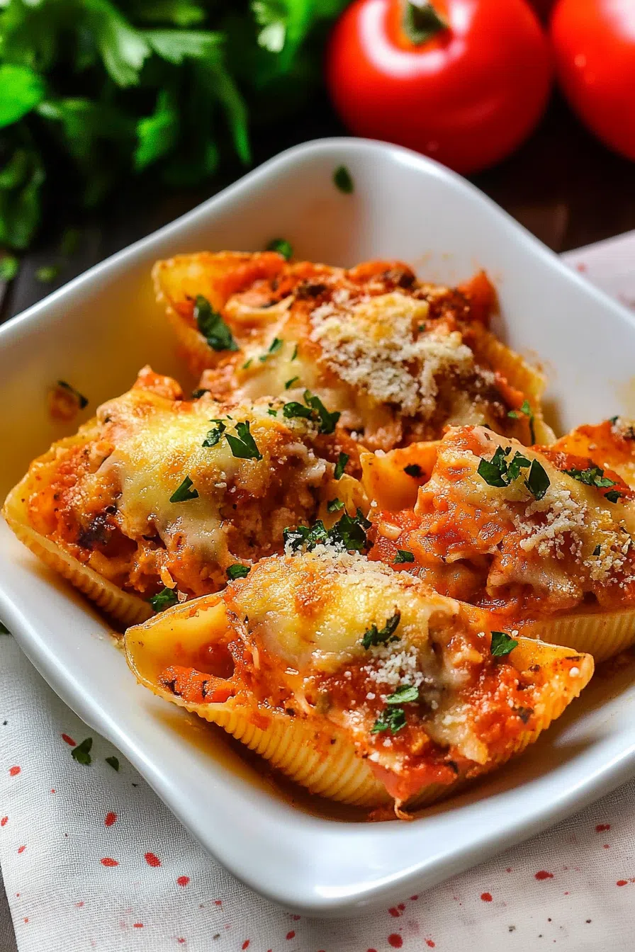 Baked pasta shells topped with melted cheese and a rich tomato sauce.