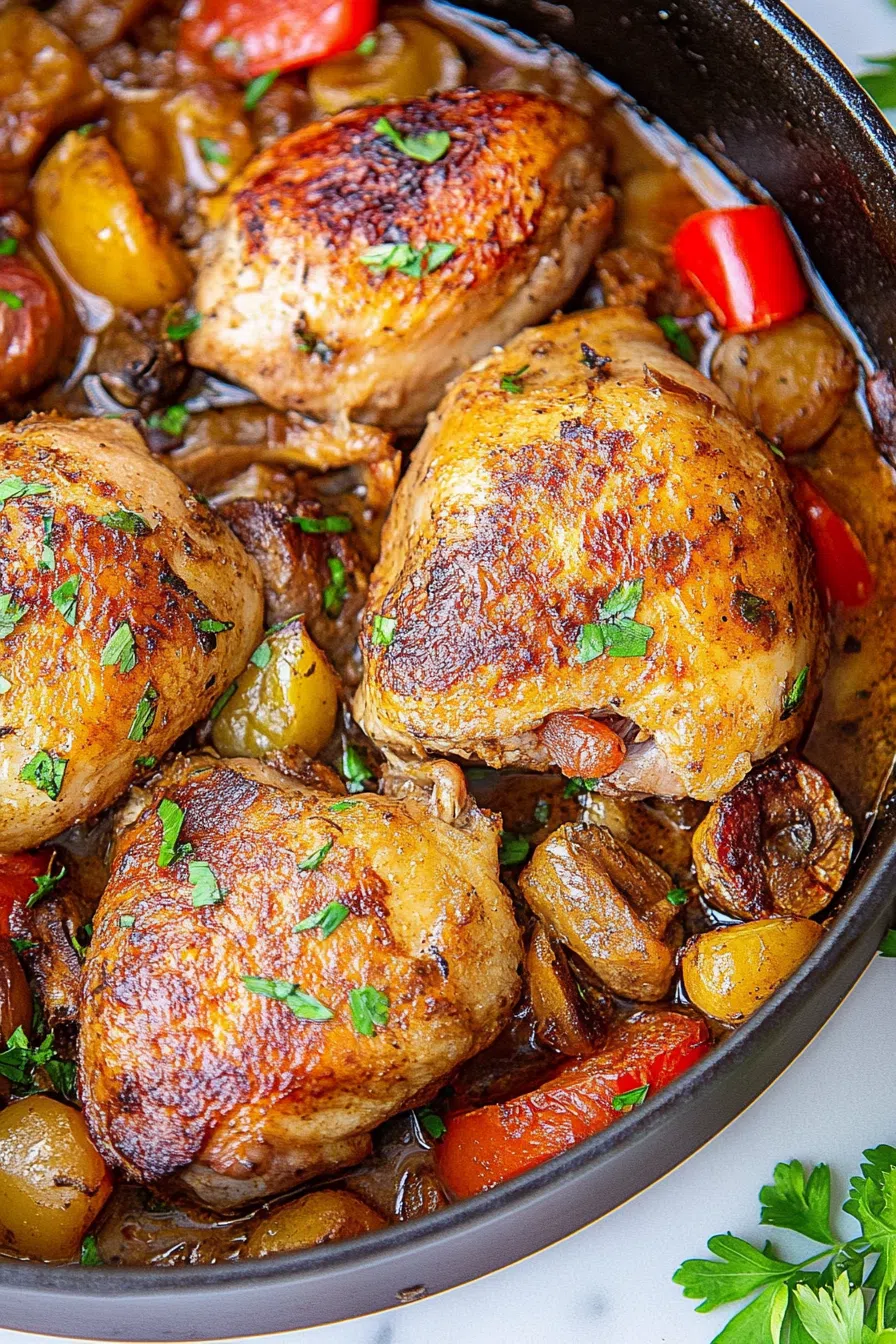 Rustic dish featuring browned chicken, sausage, and a glossy vinegar-based sauce.