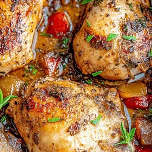 Close-up of tender meat in a zesty broth with vibrant bell peppers and herbs.