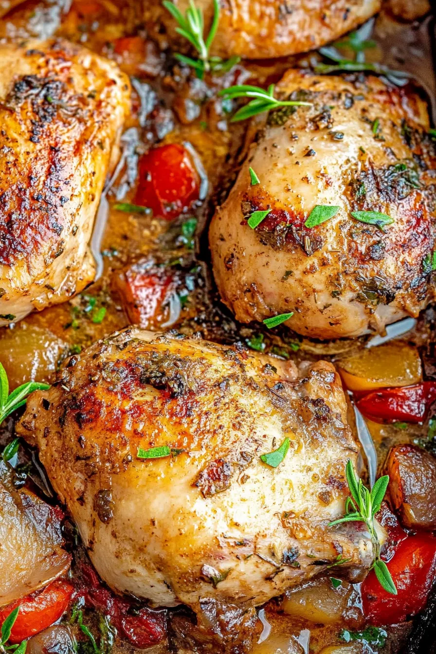 Close-up of tender meat in a zesty broth with vibrant bell peppers and herbs.