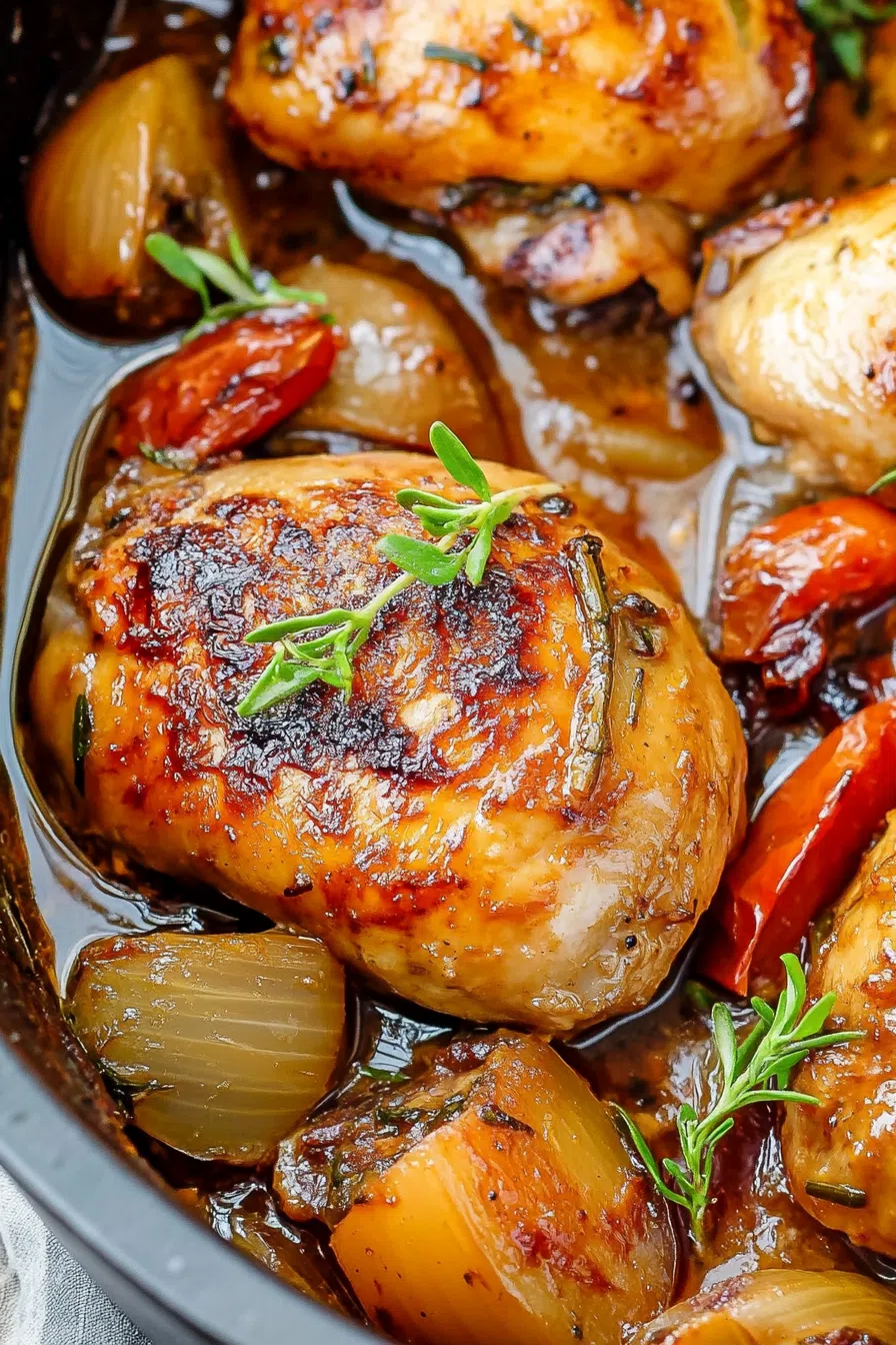 Braised chicken pieces served with sliced sausage, peppers, and a golden pan sauce.