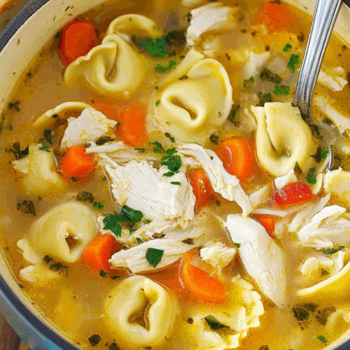 Close-up of a comforting soup with tender tortellini and colorful veggies