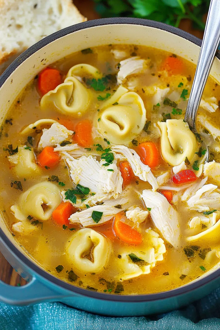 Close-up of a comforting soup with tender tortellini and colorful veggies