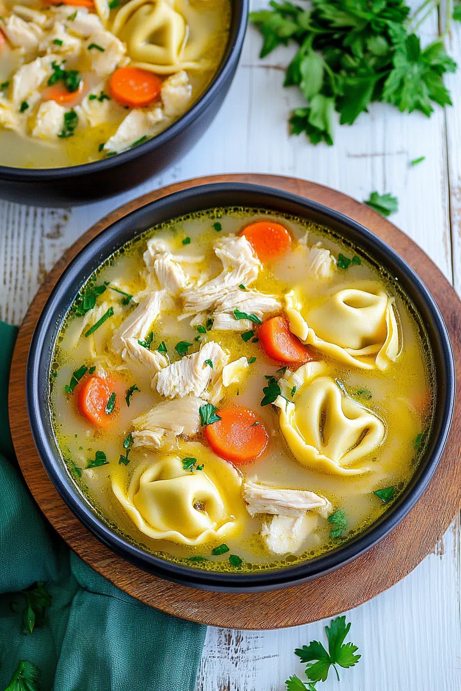 Steamy bowl of pasta soup with carrots, greens, and a golden broth