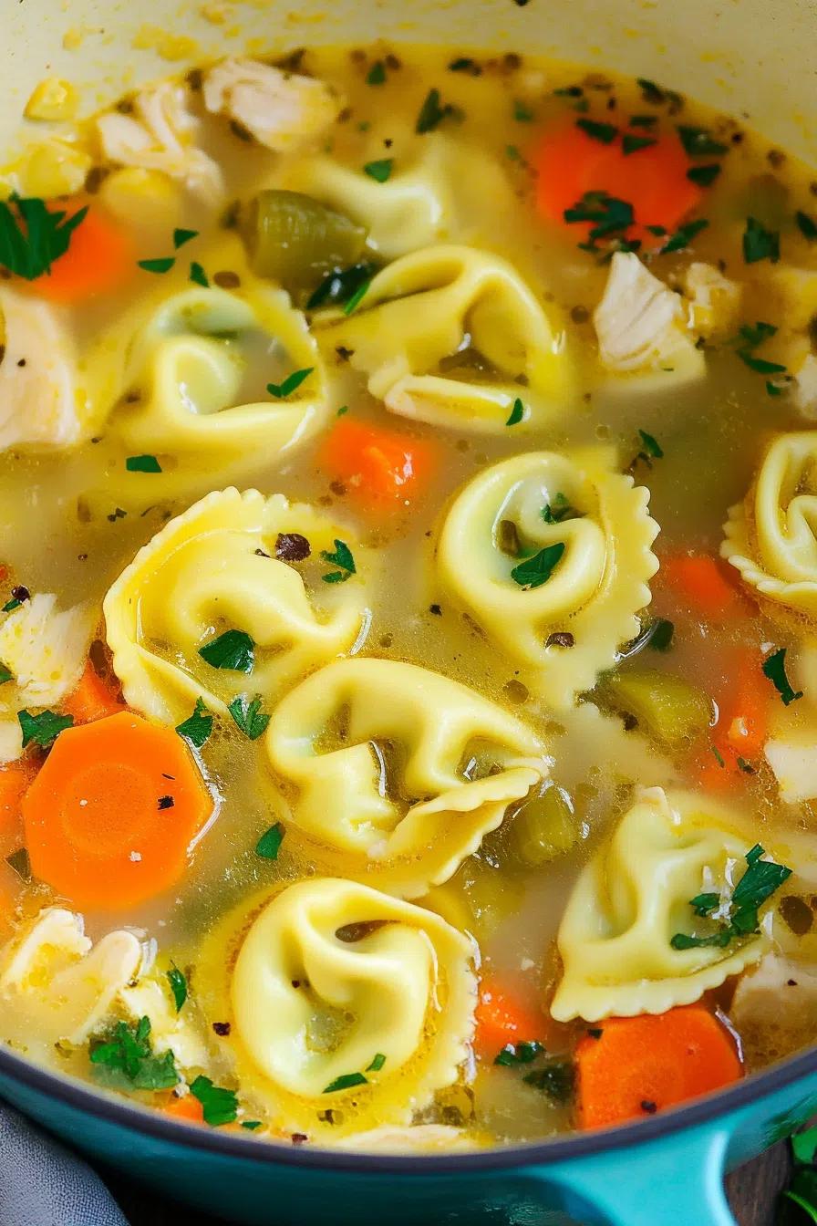 Bowl of hearty broth filled with stuffed pasta, vegetables, and shredded meat