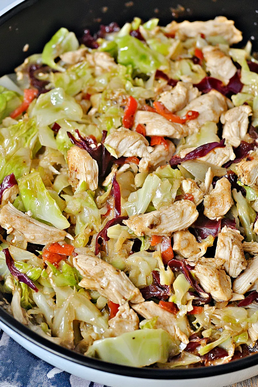 Overhead view of a skillet filled with caramelized vegetables and lightly seared pieces.