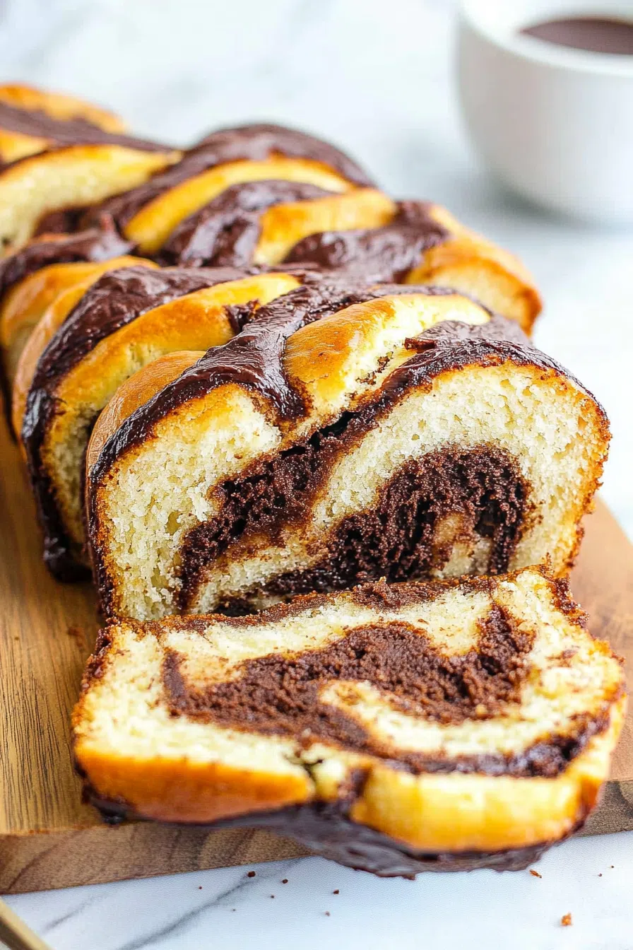 Overhead view of a sliced baked treat on a wooden cutting board with crumbs scattered