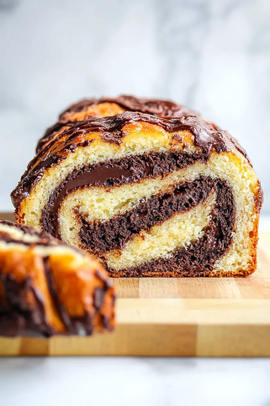 Swirled loaf sliced to reveal rich, layered filling and golden baked crust