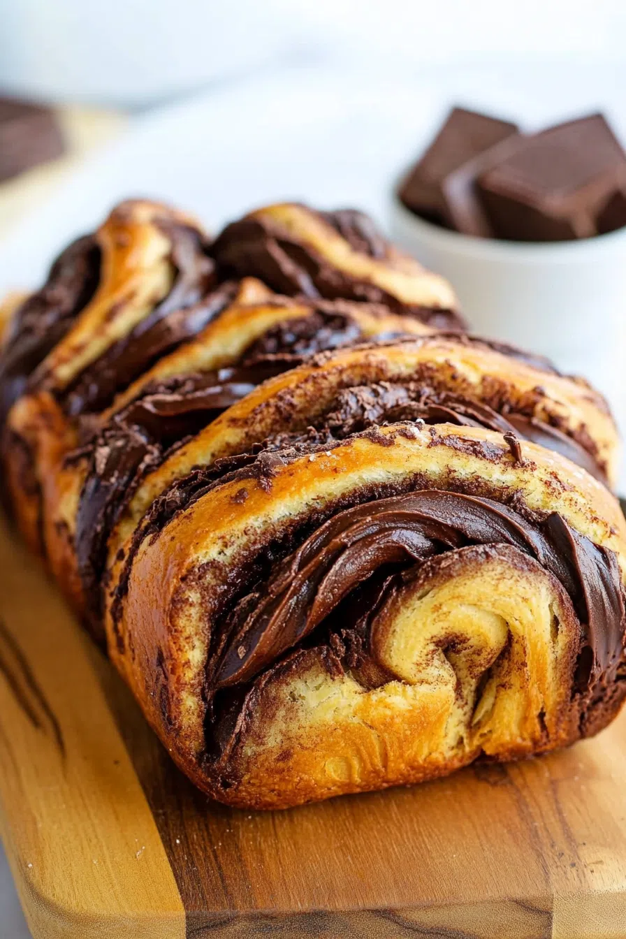 Close-up of a sweet, twisted bread with a glossy, dark filling throughout