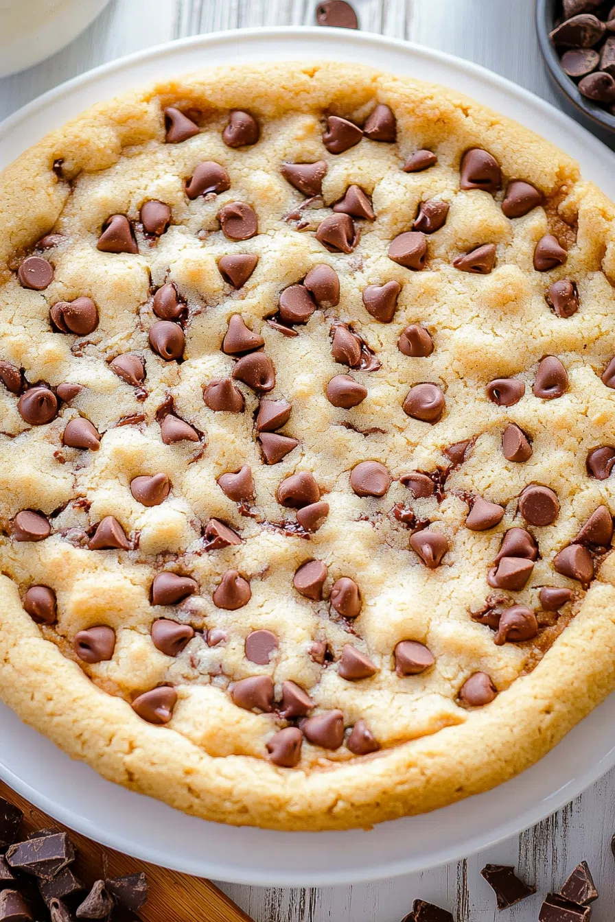 Large, round dessert topped with melted chocolate and scattered candy pieces.