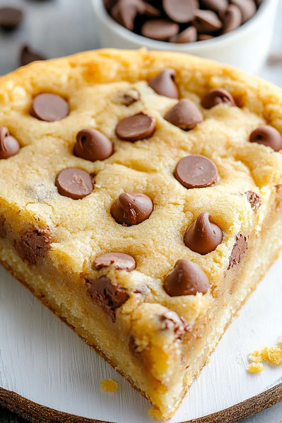 Close-up of a thick, golden cookie slice with gooey chocolate chips.
