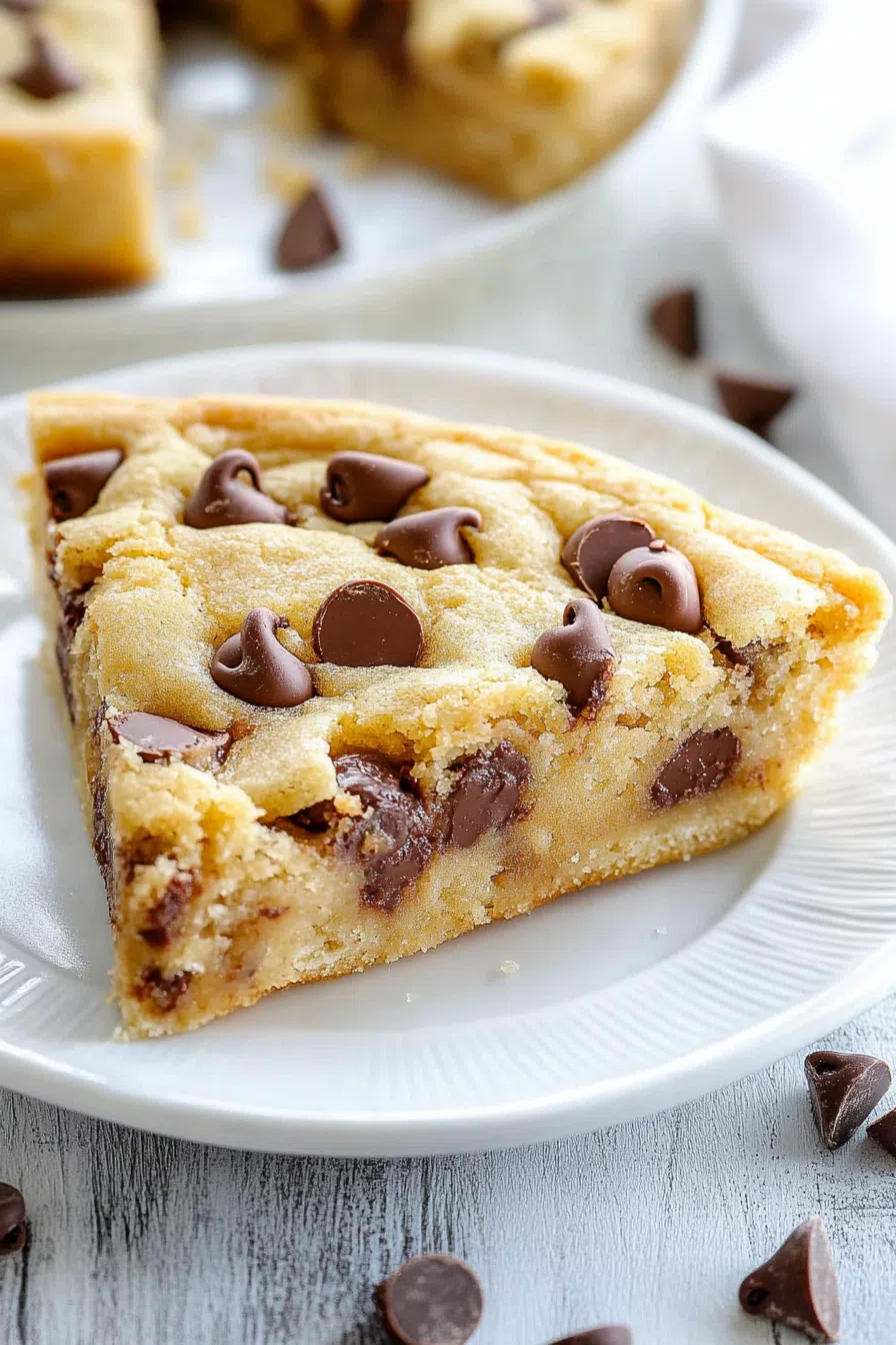 Chocolate chip cookie pizza sliced and ready to serve with toppings.