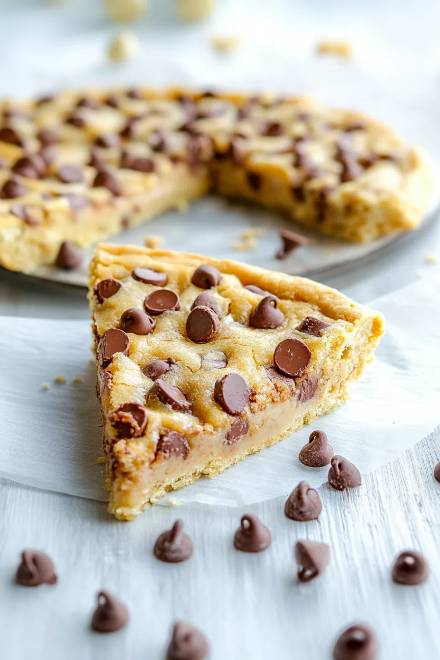 Sweet treat cut into wedges, served on a wooden board with a drizzle of sauce.