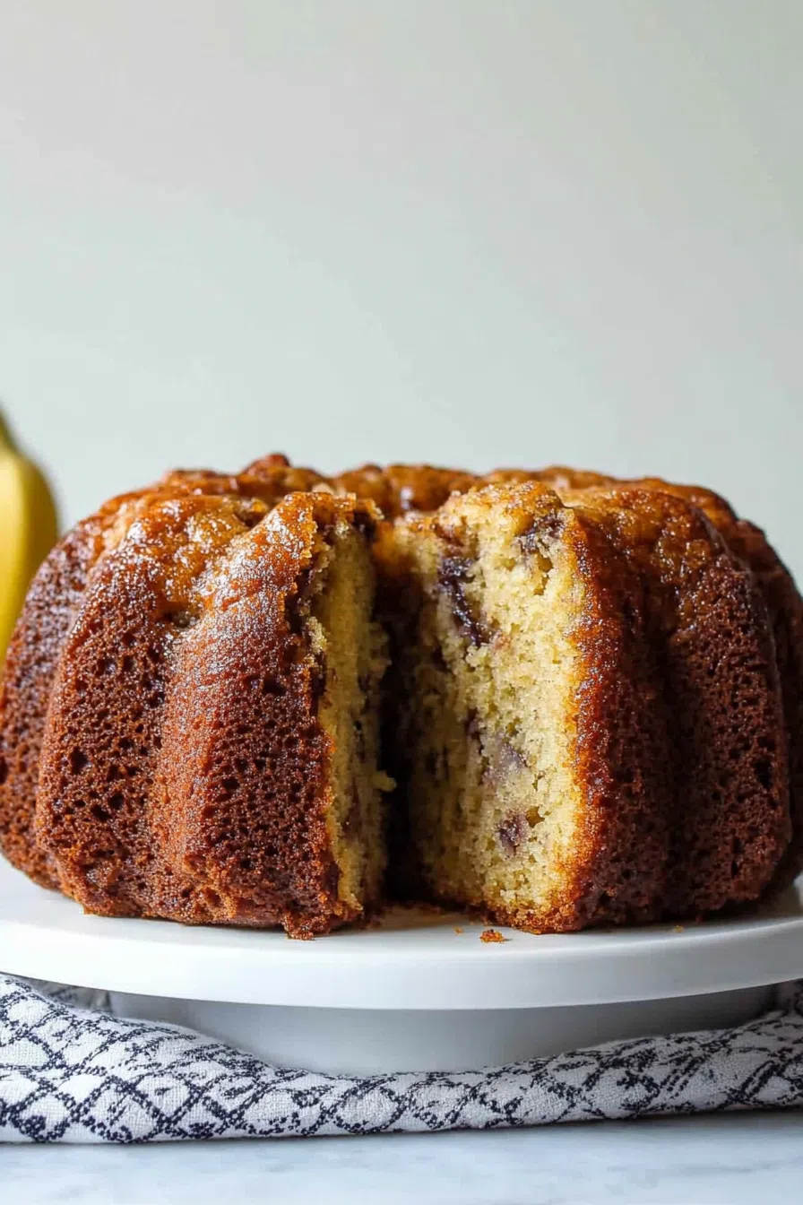 Golden-brown bundt cake with a moist, dense texture sliced and ready to serve.