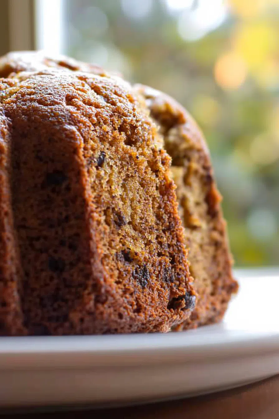 Close-up showing the tender crumb and caramelized edges of a thick cake slice.