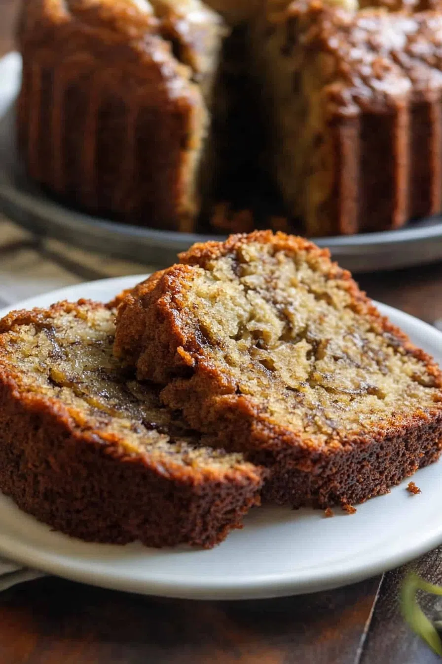 Moist, golden bundt cake sliced and served on a simple white plate.