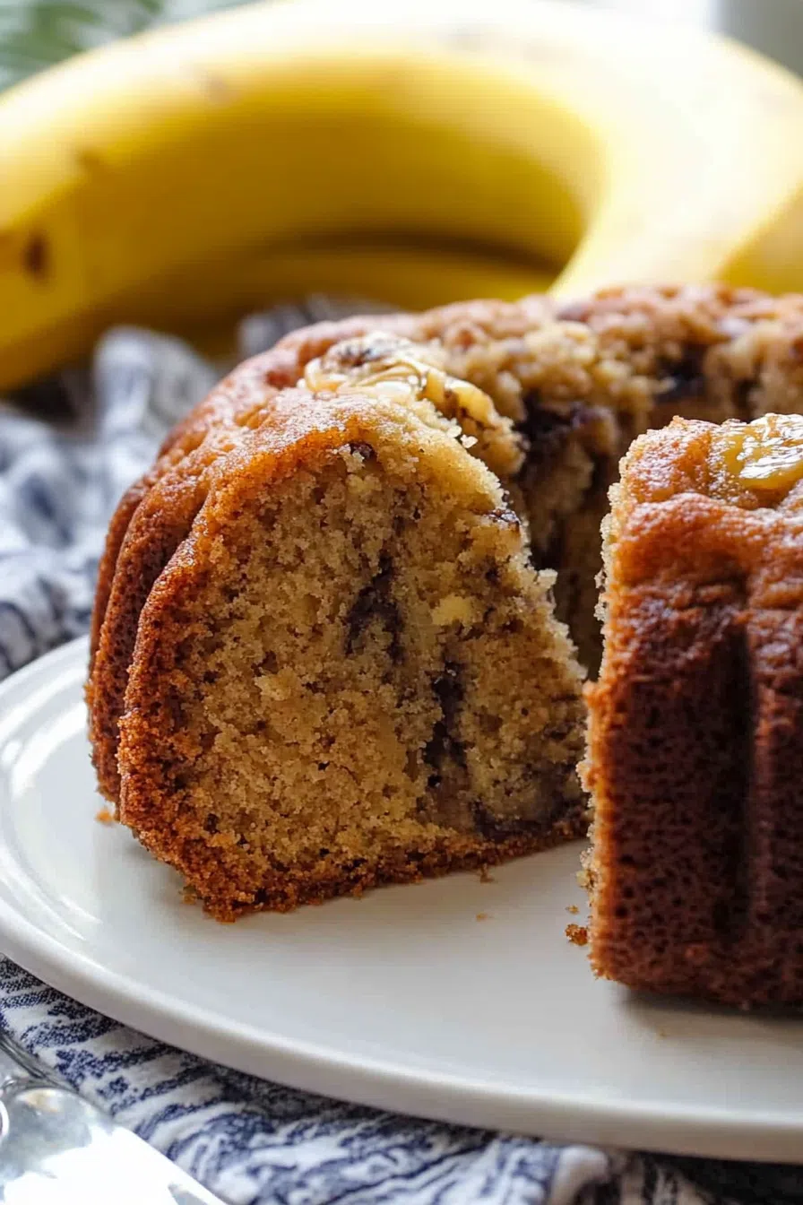 Side angle of a rich, home-baked bundt resting on a plate with a few crumbs scattered.