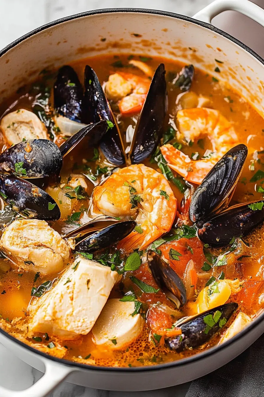 Overhead view of a garnished bowl of stew placed on a marble table.