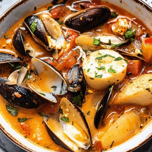 Rustic seafood stew served in a deep white bowl with toasted bread on the side.