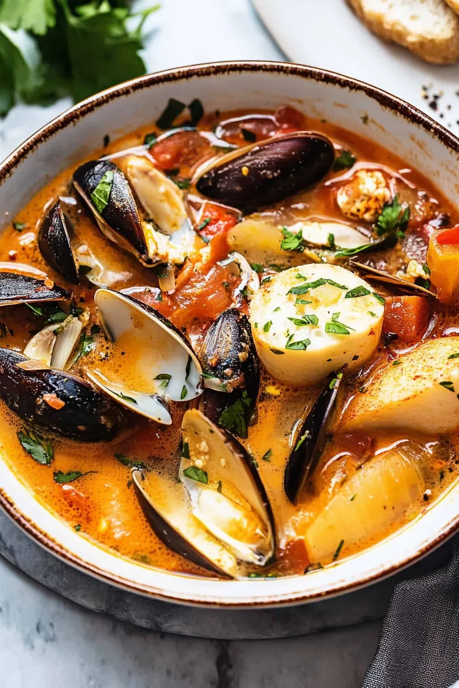Rustic seafood stew served in a deep white bowl with toasted bread on the side.