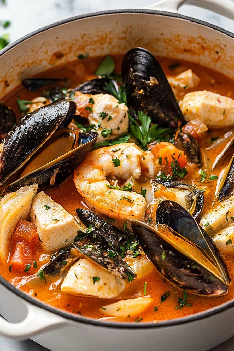 Close-up of a saffron-tinted broth with chunks of fish and shellfish.