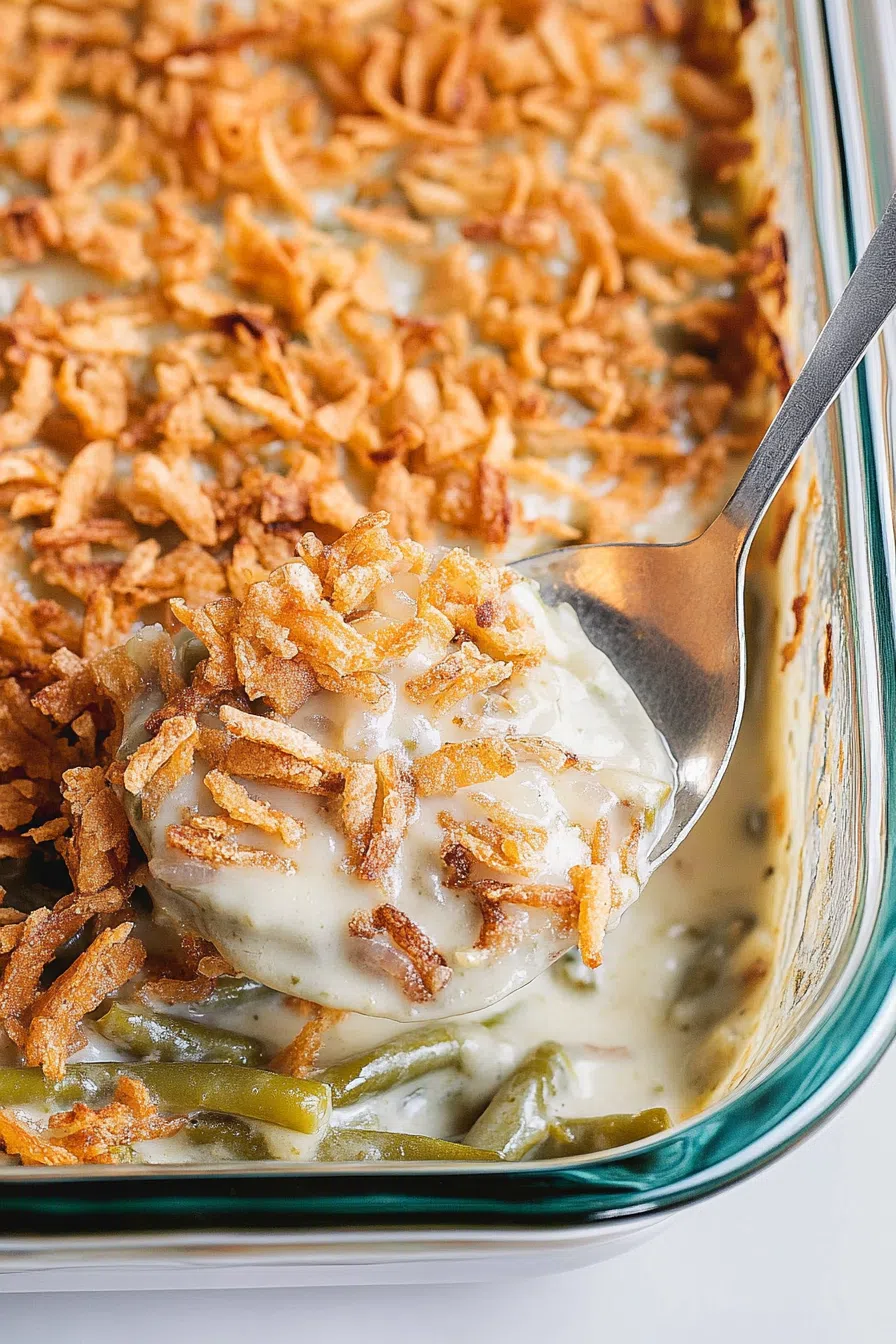 A golden-brown casserole topped with crispy onions, served in a baking dish.