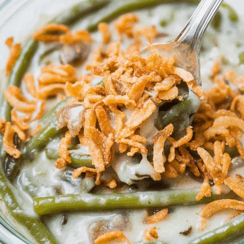 Close-up of a creamy green bean dish, showcasing its rich texture and savory toppings.