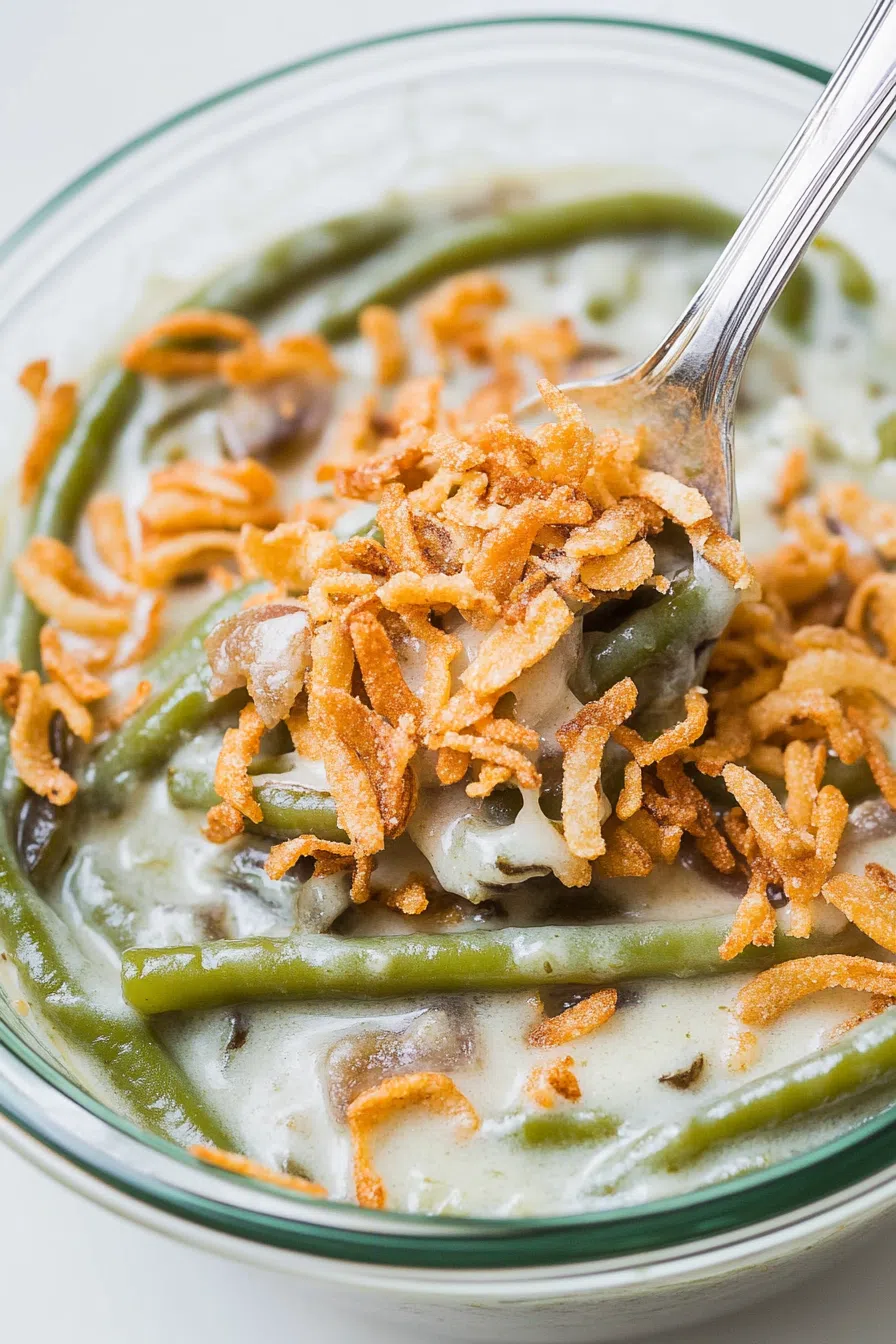 Close-up of a creamy green bean dish, showcasing its rich texture and savory toppings.