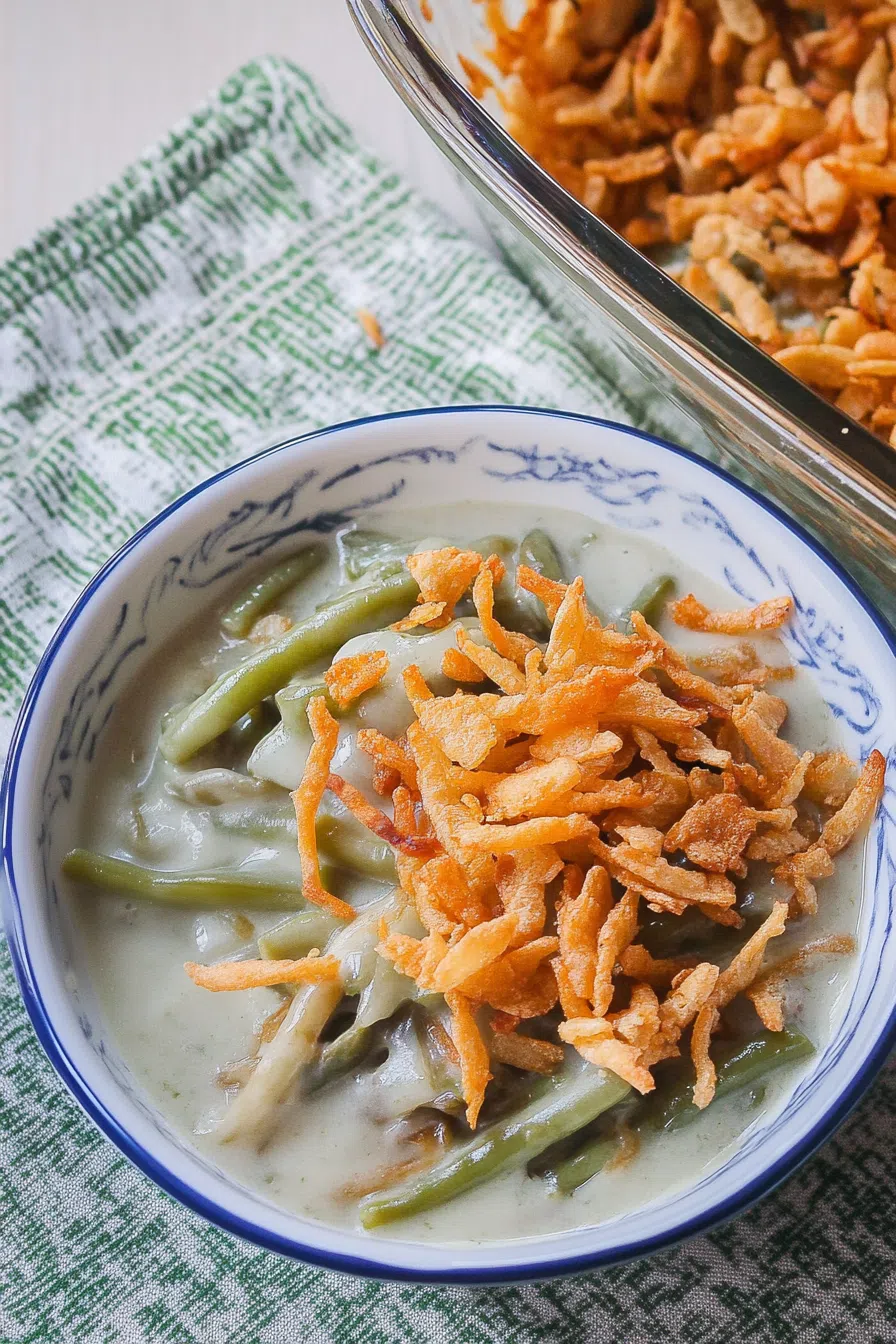 A beautifully presented green bean casserole, garnished with fresh herbs.