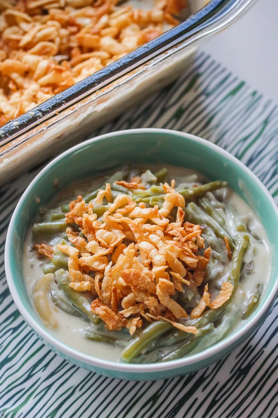 A rustic table setting featuring a dish of green beans baked to perfection, ready to be served.