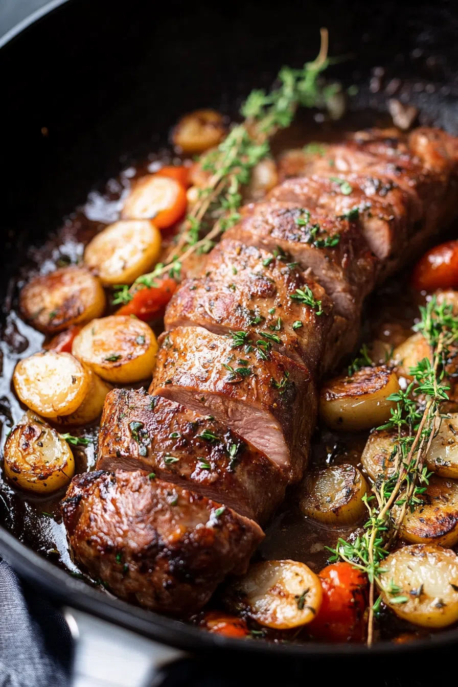 Golden-brown medallions arranged next to roasted vegetables.