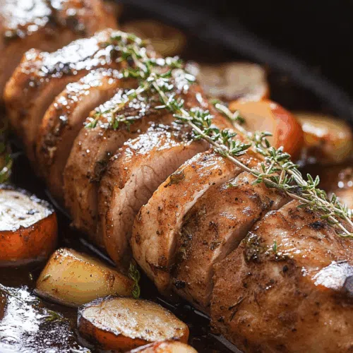 Sliced meat served on a rustic plate with pan juices and herbs.