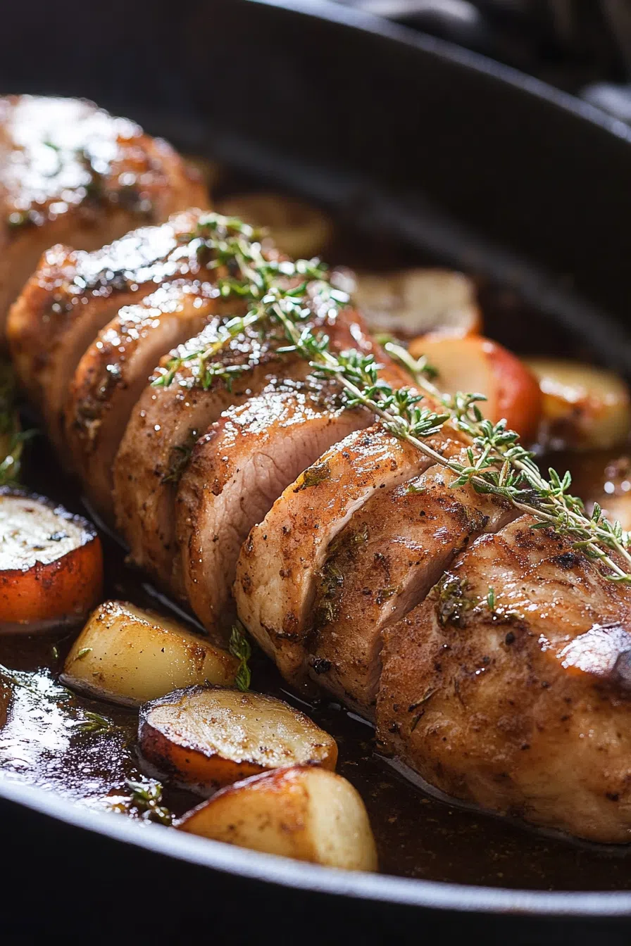 Sliced meat served on a rustic plate with pan juices and herbs.