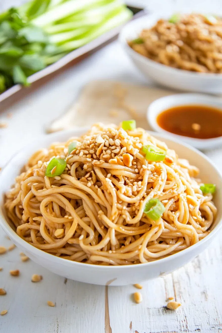 Close-up of a tangle of dressed noodles served in a minimalist white bowl