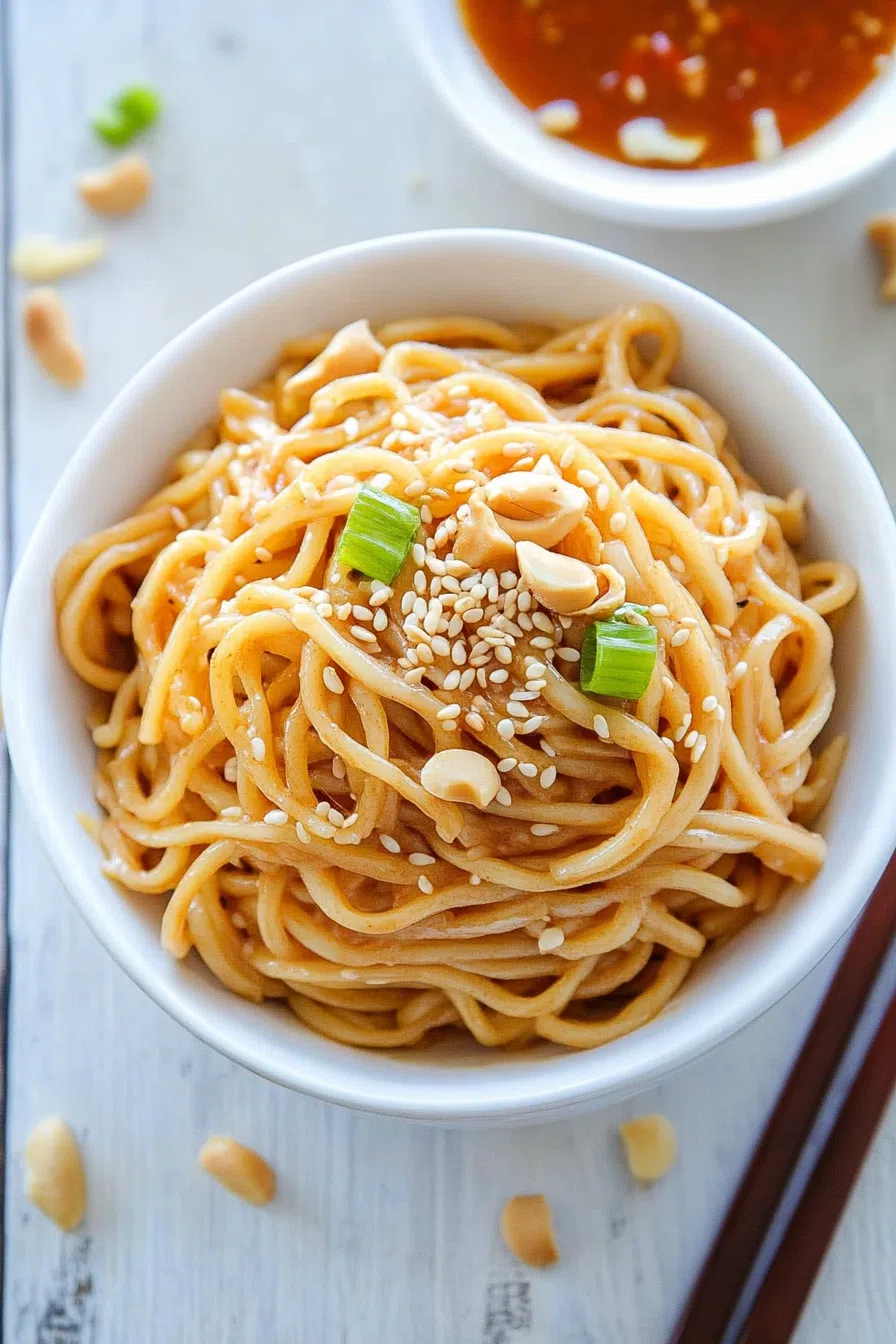 Overhead shot of a refreshing noodle salad tossed in a creamy dressing