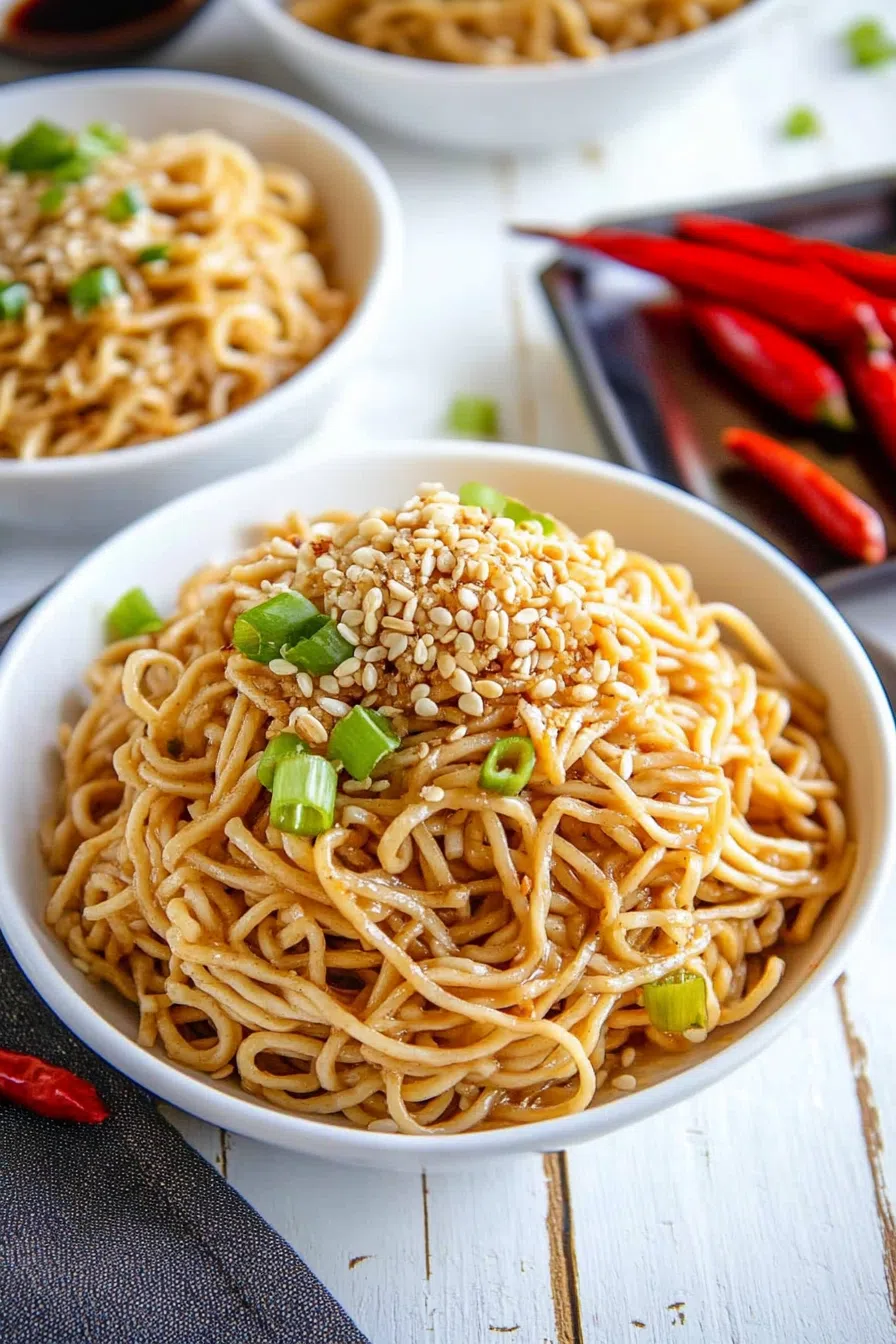Serving of cool, flavorful pasta with a nutty dressing and fresh veggie toppings