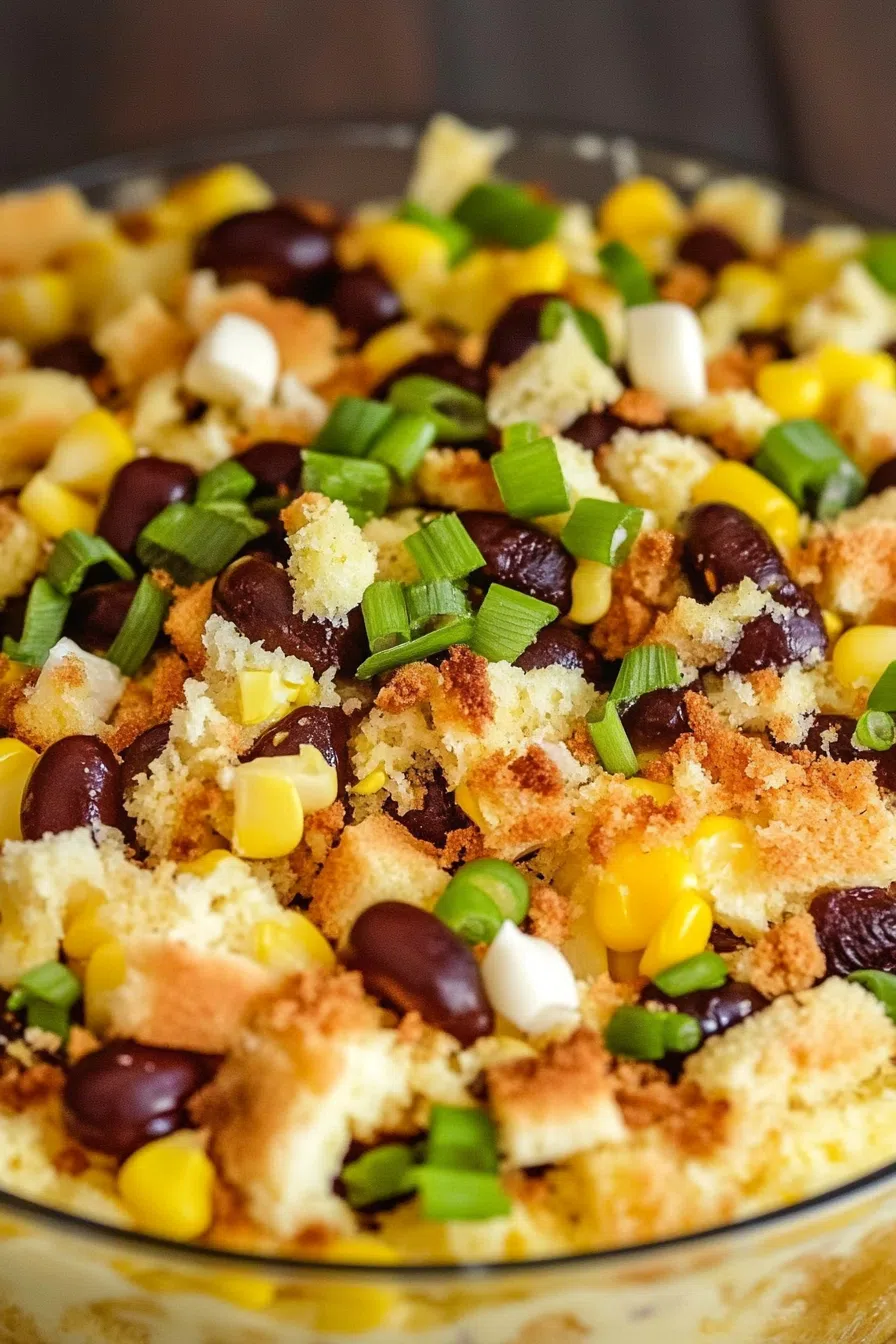 Close-up of savory trifle topped with chopped herbs and cheese.
