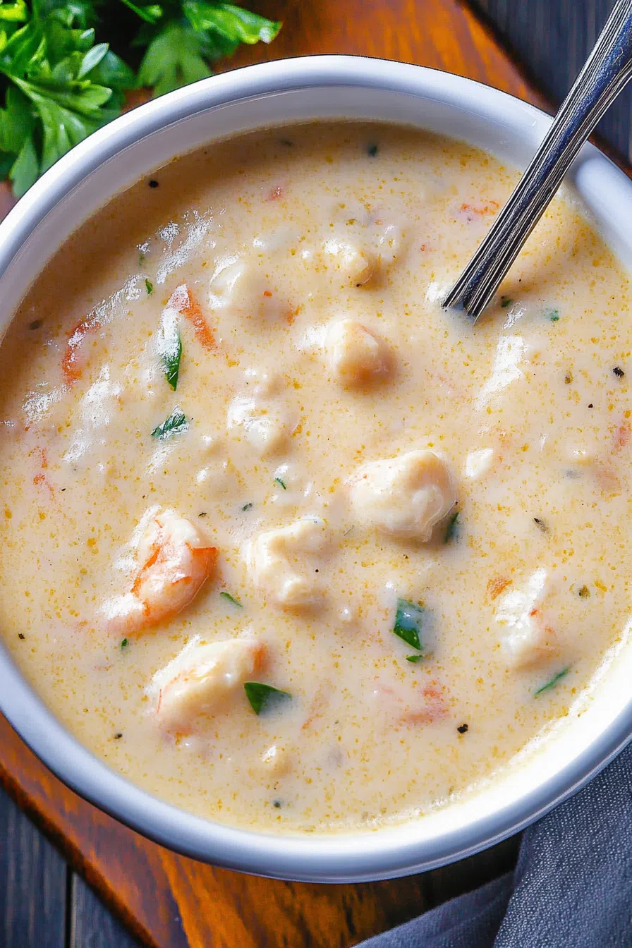 Close-up of a rich, golden bisque garnished with fresh parsley and cracked pepper.