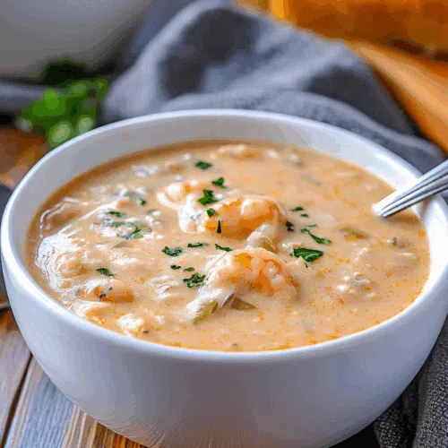 Bowl of creamy golden soup with visible bits of seafood and fresh herbs on top.