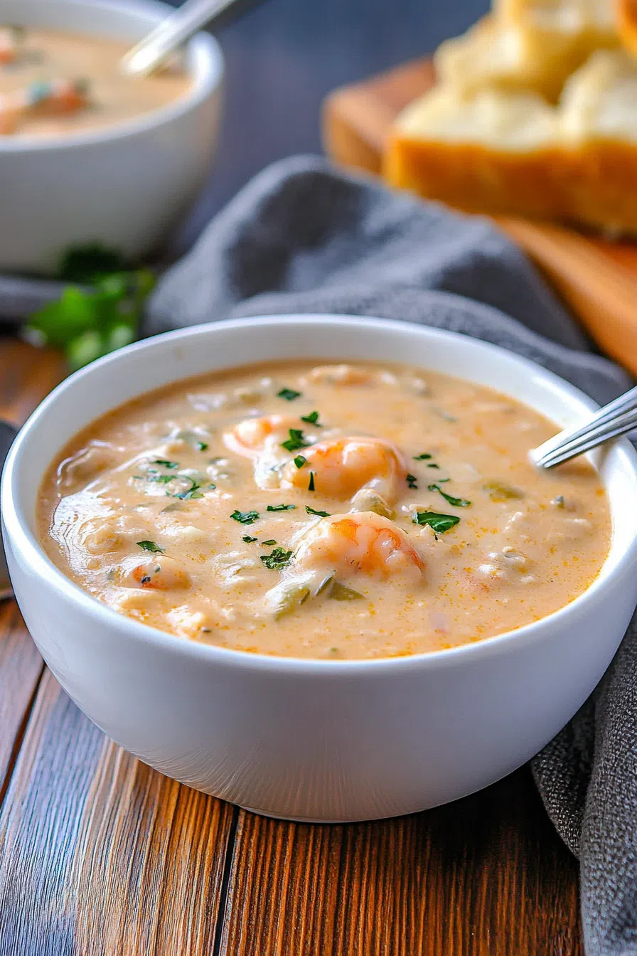 Bowl of creamy golden soup with visible bits of seafood and fresh herbs on top.