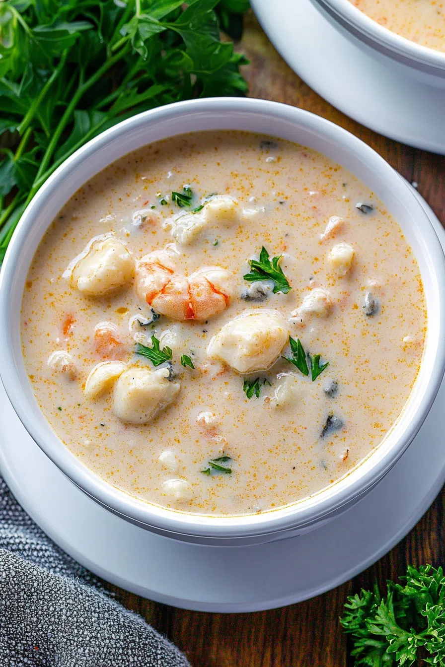 Creamy soup served in a white bowl with visible chunks of seafood and herbs.