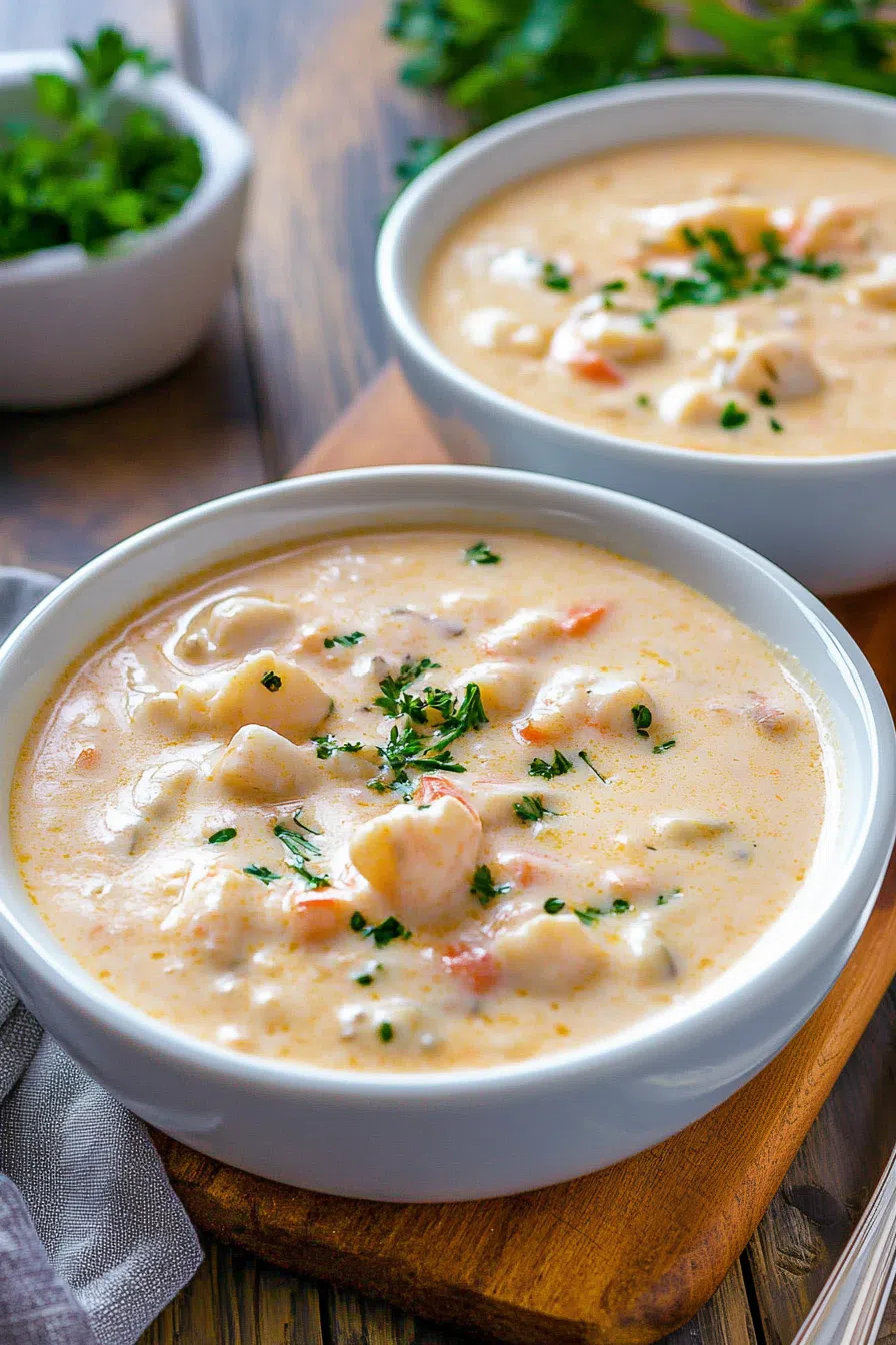 Elegant table setting featuring a bowl of warm, seafood-filled bisque.