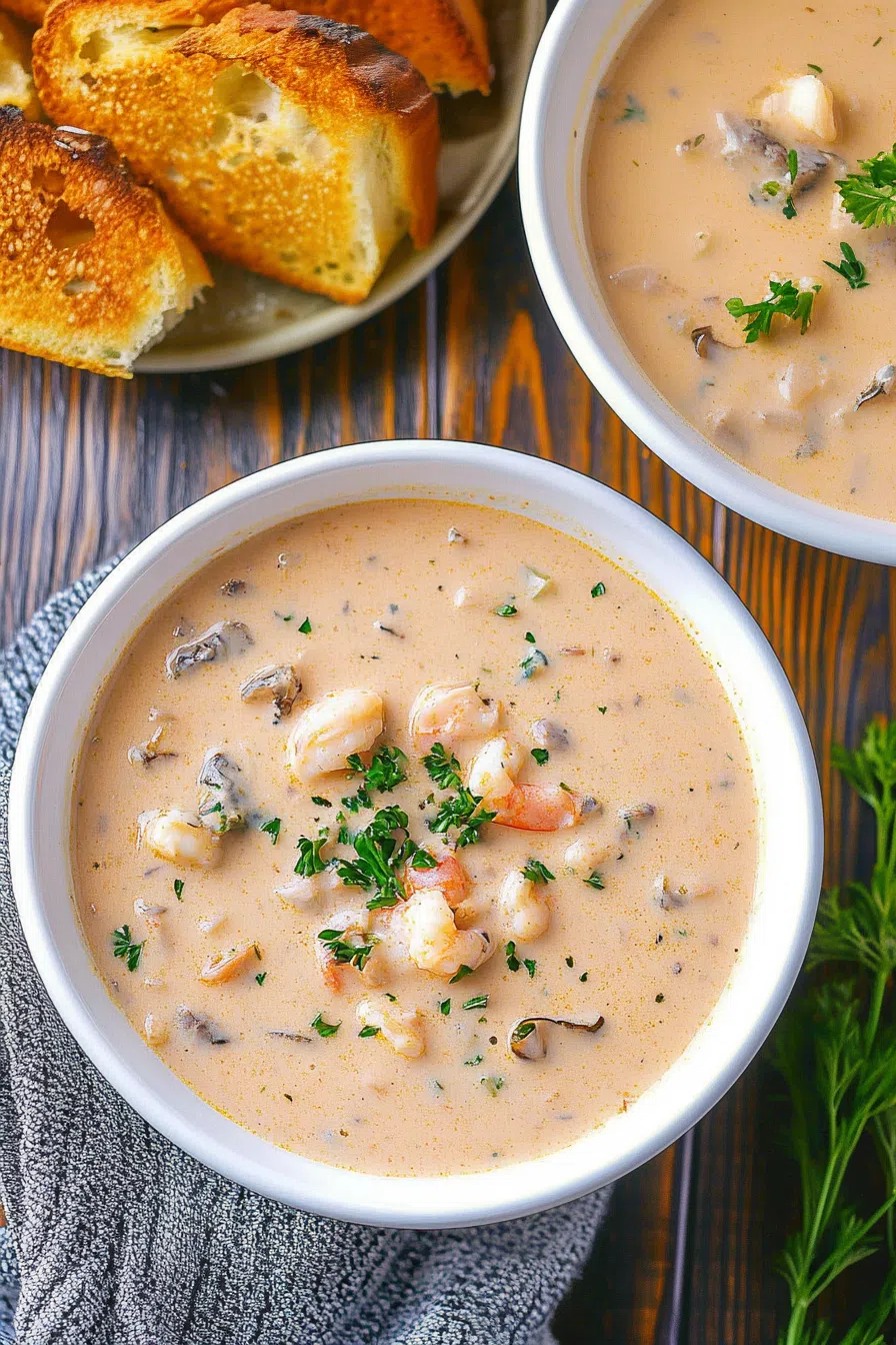 Crab and shrimp seafood bisque served hot with crusty bread on the side.