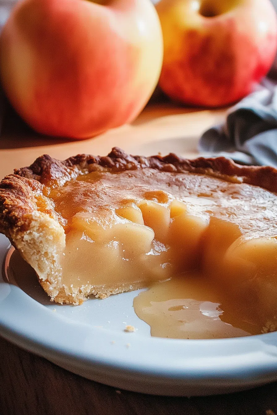 Close-up of a golden slice with rustic, crackled topping on a white plate