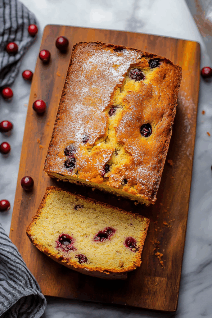 Holiday-style loaf cake with a tender texture and bright cranberry bits.